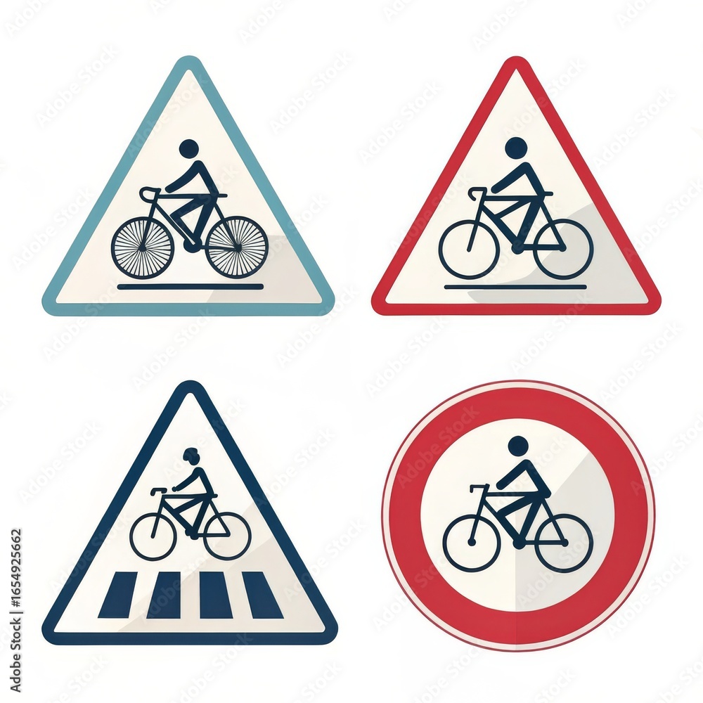 Poster a collection of four bicycle related signs with different shapes and color schemes on a white backgr