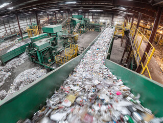 Recycling facility showcasing material separation on conveyor belts. Illustrates environmental responsibility and waste management in industrial settings. Sustainable solutions.