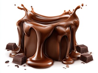 Chocolate cube with splash of liquid chocolate and chocolate pieces on white background studio shot