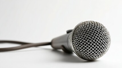 Professional stage and studio condenser microphone, detailed close up isolated on white background, XLR connection for music production