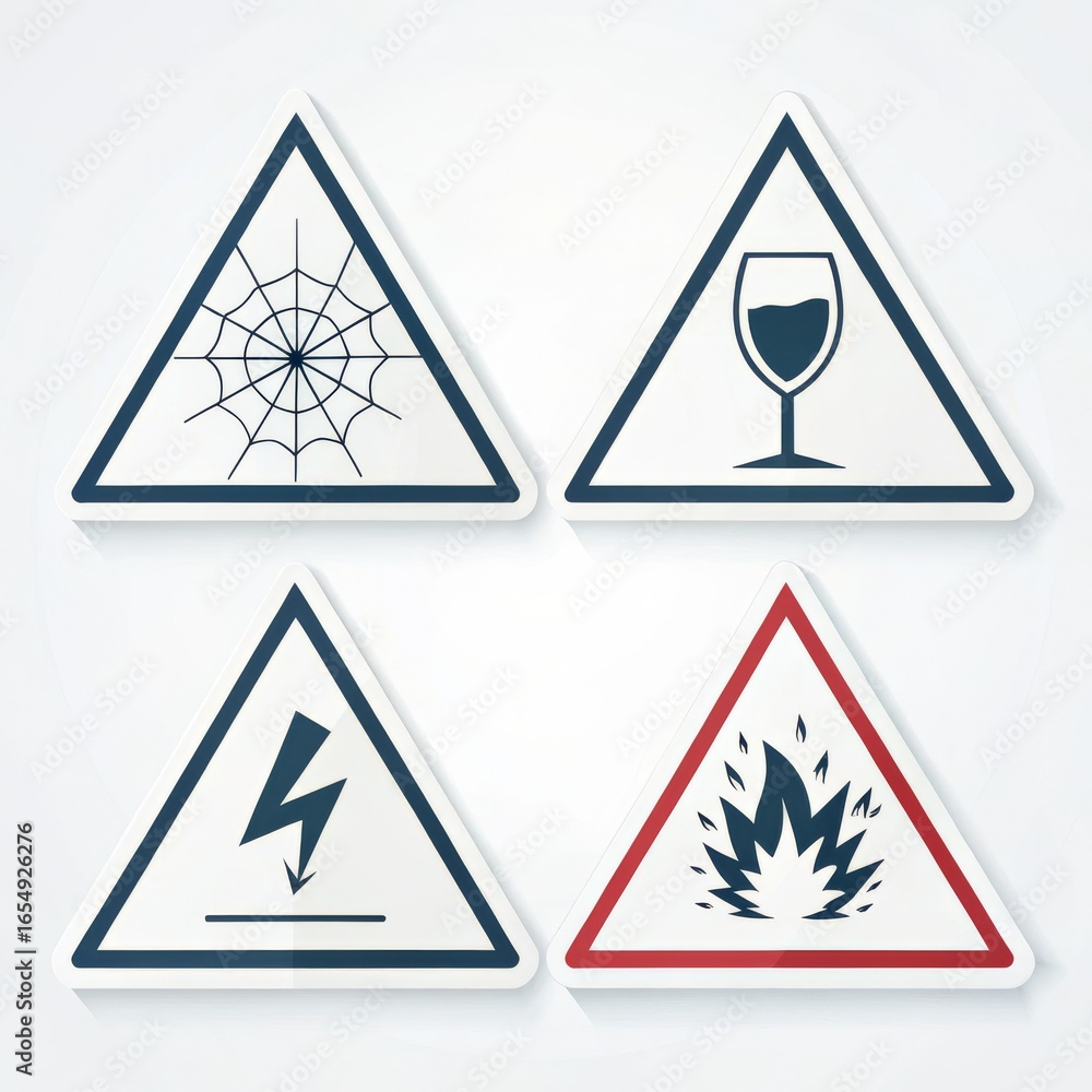 Aufkleber a set of four triangular warning signs with different symbols on a white background surface top view