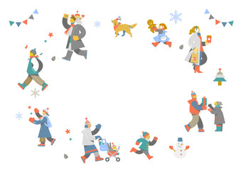 冬を楽しむ人々のフレーム　カラフルで楽しい人物イラスト