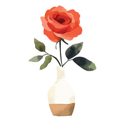 Fototapeta premium Watercolor Style Rose in TwoTone Vase with Green Leaves Illustration