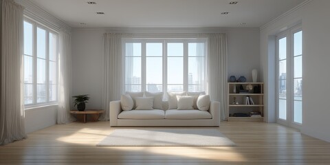 Fototapeta premium Bright and Airy Minimalist Living Room with Large Windows and Natural Light, Modern Home Interior Design, Cozy and Inviting Atmosphere