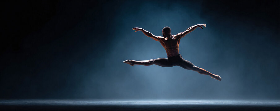 A muscular ballet dancer leaps in midair on stage with a dramatic spotlight. Perfect for representing strength, art, athleticism, dance, and performance.