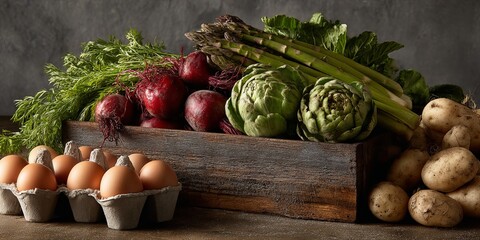 Fresh Organic Vegetables and Farm Fresh Eggs Arranged in a Rustic Wooden Box for Culinary and Healthy Lifestyle Concepts