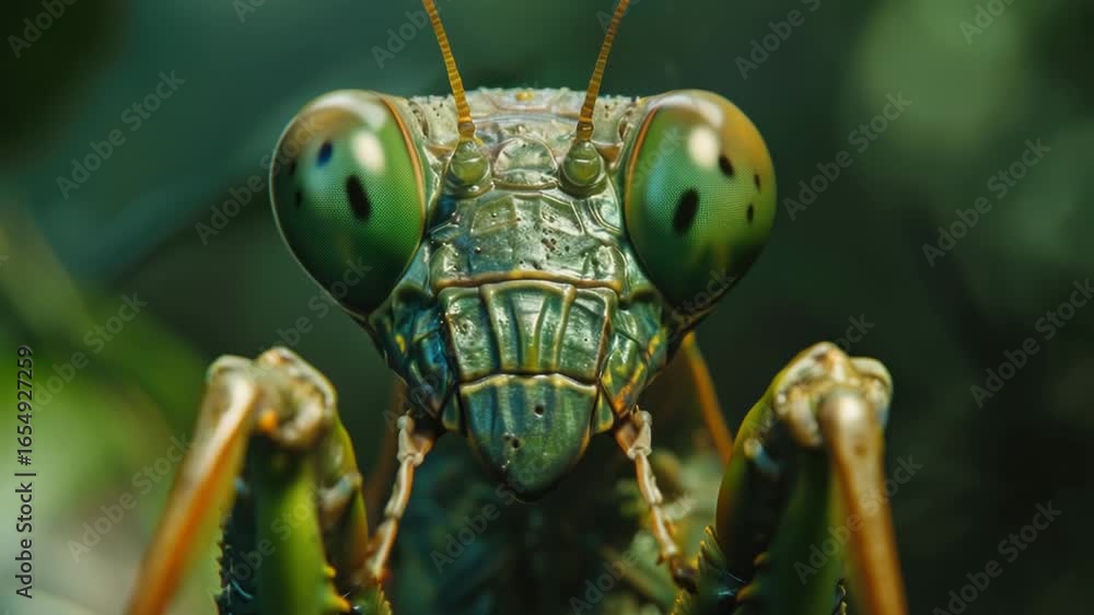 Poster a close-up view of a praying mantis' face, showcasing its unique features