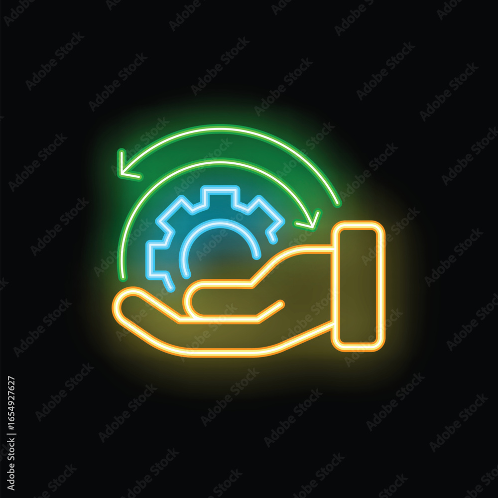 Poster neon sign of a hand holding a gear with two rotating arrows around it, symbolizing operational effic