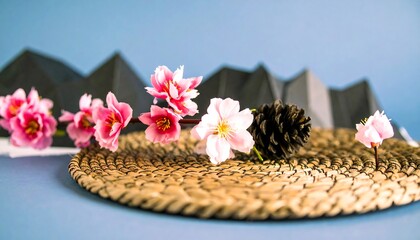 Pink blossoms on woven mat