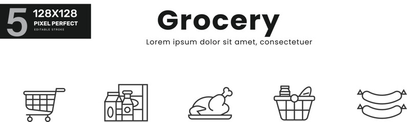Grocery Item line Icon Set collection . Apple, orange, banana, tomato, potato, onion, carrot, pepper, broccoli, salad .  Isolated Vector Illustration	

