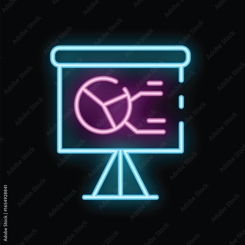 Poster neon icon of a flip chart showing a pie chart and a growing line chart, representing positive busine