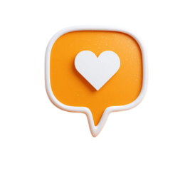 Orange speech bubble with heart isolated on transparent background, 3d rendering