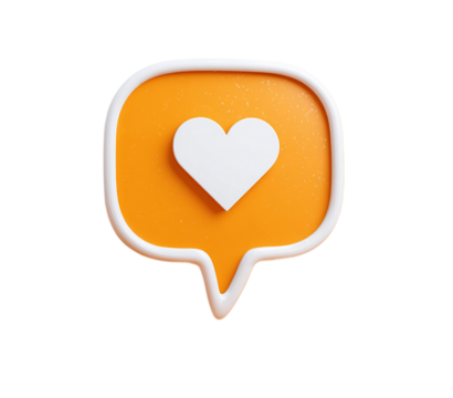 Orange speech bubble with heart isolated on transparent background, 3d rendering