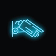 Blue neon sign depicting a cctv camera mounted on a wall, evoking themes of security and surveillance