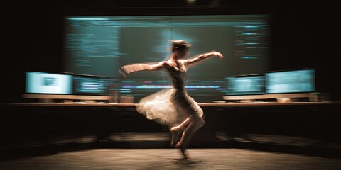 Dynamic Motion of a Dancer in a Modern Creative Workspace with Computer Screens Displaying Digital Art and Visual Effects in Blurred Background