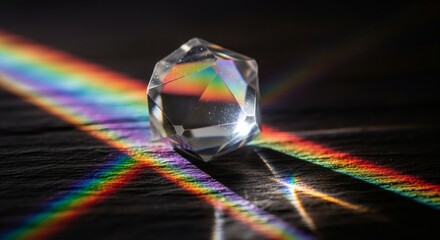 Crystal refracting light into a vibrant rainbow spectrum of colors casting prismatic shadows on a dark surface