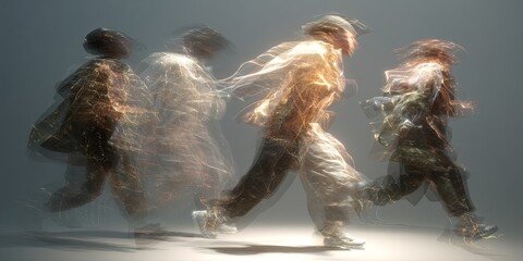 Dynamic Movement of Figures in Abstract Light Trails Capturing Energy and Motion in a Modern Artistic Expression of Dance and Movement in a Studio Setting