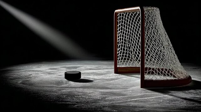 A black puck slides across an ice rink and stops in front of the goal. Footage is suitable for hockey matches, advertising and sports projects.