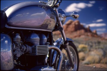 Motorcycle gleams in sunlight against scenic backdrop of rocky terrain