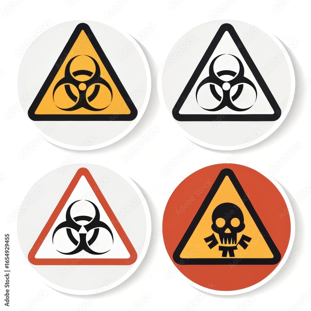 Poster four warning signs depicting biohazard and skull symbols in triangular shapes on round white backgro
