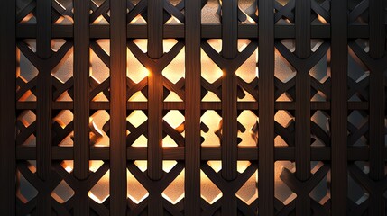 Dark brown wooden lattice with warm backlighting creates a textured background.