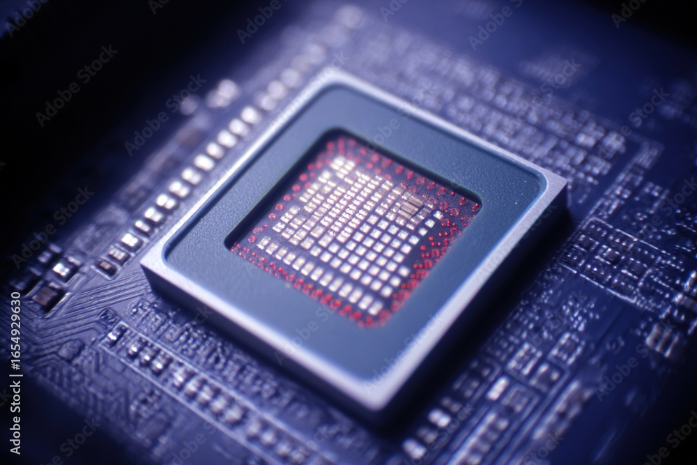 Poster close-up view of a computer microprocessor mounted on a circuit board showcasing intricate details a