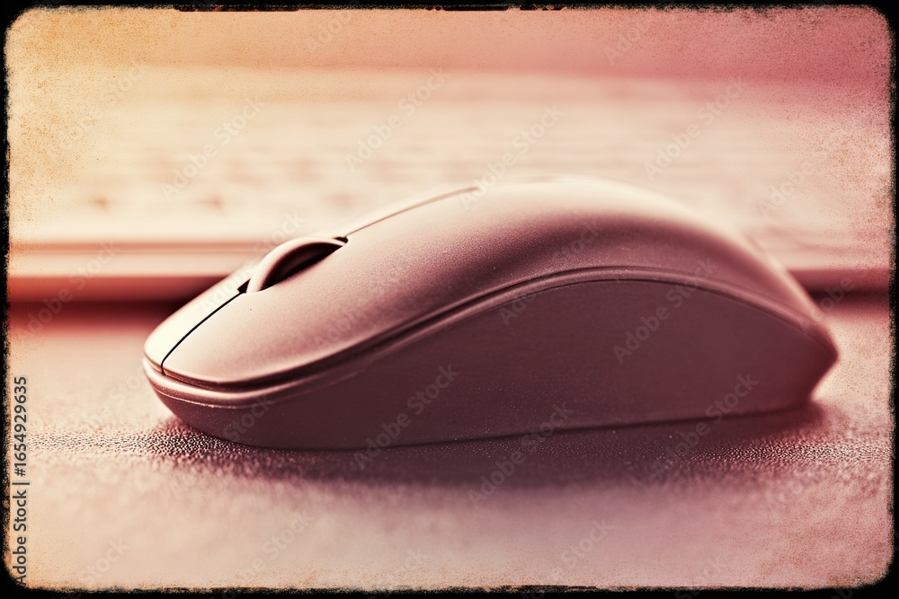 Poster black computer mouse resting on a desk near a keyboard in a well-lit workspace with a warm atmospher