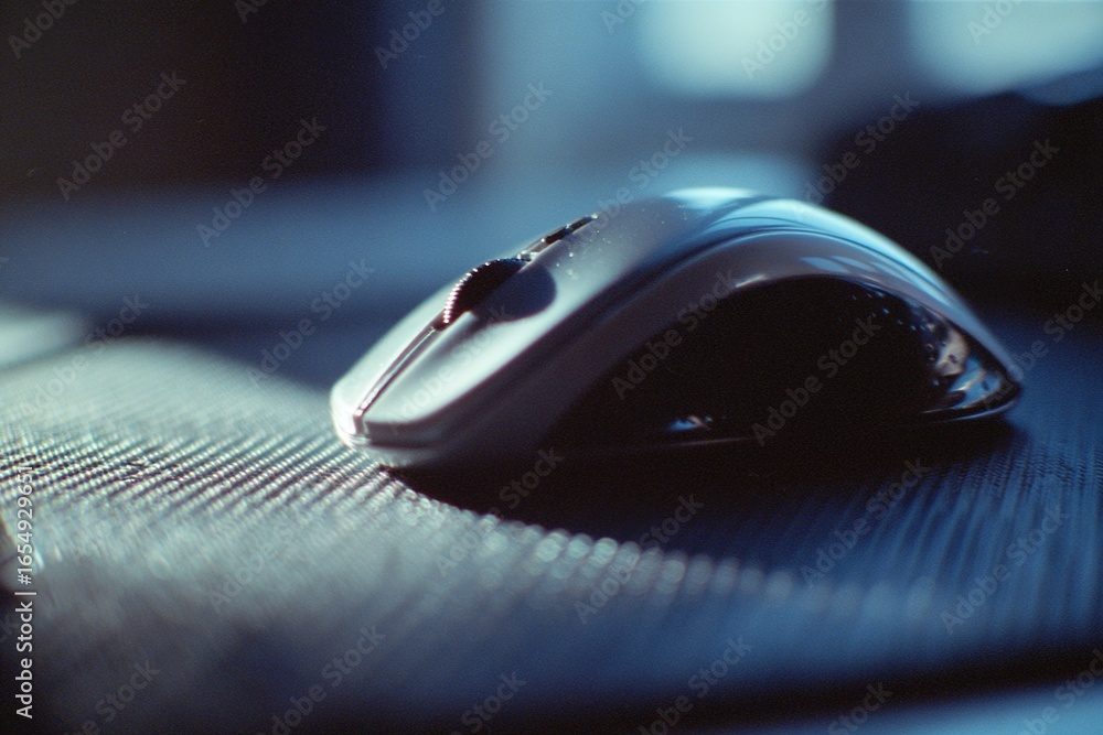 Poster computer mouse resting on a textured mouse pad in a softly lit room during late afternoon