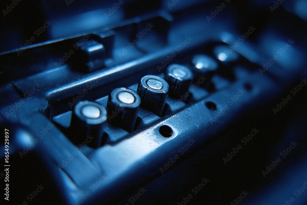 Poster close-up of intricate blue mechanical components illuminated in low light showcasing engineering det