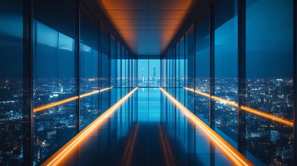 Modern glass corridor with illuminated floor offers a panoramic nighttime view of a cityscape.