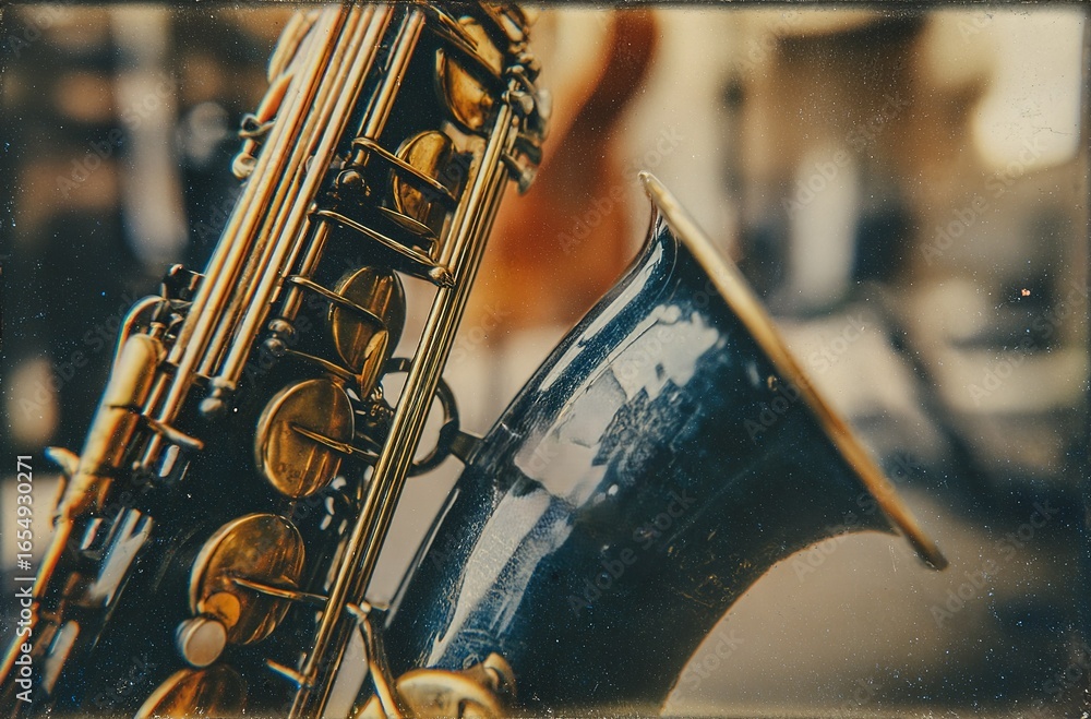 Poster close-up of a saxophone with reflections and intricate details captured during a jazz performance in