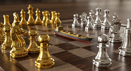 Naval strategy chessboard metaphor with ship representing trade or supply chain competition.