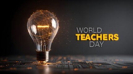 Glowing lightbulb with network connections and text World Teachers Day illumination idea technology