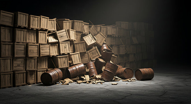 A collection of rustic wooden crates and metallic drums scattered on a concrete floor under dark lighting.