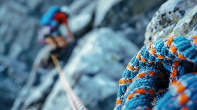 A person ropes up a mountain, showing determination and skill