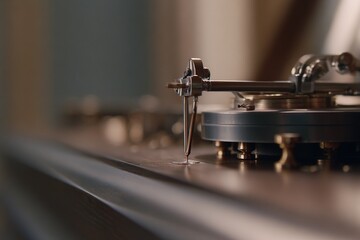 Vintage record player stylus gracefully positioned over vinyl surface in a cozy room with warm lighting