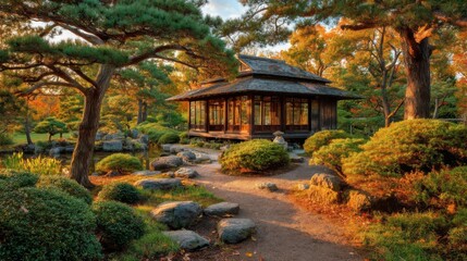 Serene Japanese Tea House Surrounded by Lush Greenery and Autumn Colors in a Tranquil Garden Setting at Sunset