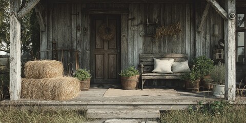 Charming Rustic Porch with Wooden Door, Straw Bales, Greenery, and Cozy Bench in Serene Countryside Setting for Relaxation and Reflection