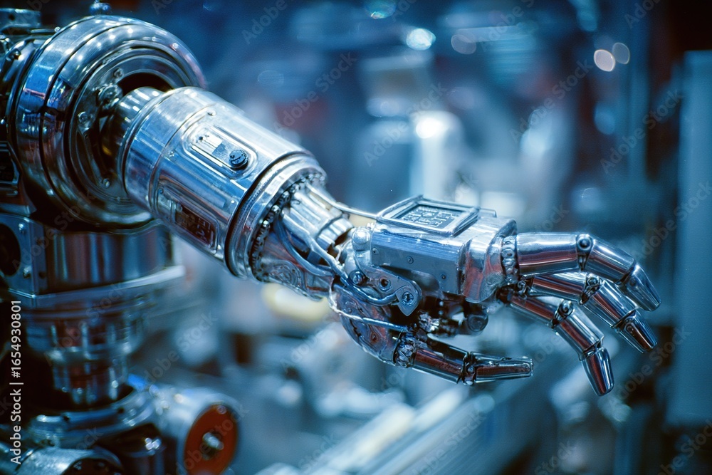 Poster futuristic robotic arm in a high-tech laboratory demonstrating advanced engineering and automation p