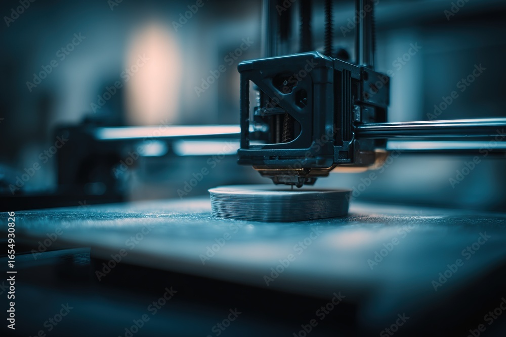 Poster 3d printer creates circular object in workshop during evening hours