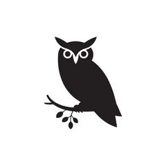 Fototapeta premium Black silhouette of an owl perched on a branch isolated on white background