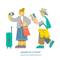 Young woman enjoying a trip with friends Colorful and fun flat illustration