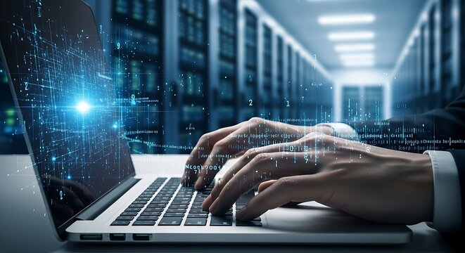 Data Center Typing - Hands on Laptop with Server Room Background and Digital Overlay.
