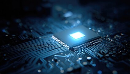 Close-up of a computer microchip, illuminated, on a circuit board.  Deep blue tones dominate, highlighting intricate circuit pathways.  A glowing square of light centers the chip
