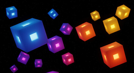 A vibrant array of luminous cubes float amidst a starlit expanse, casting a soft glow on the void.