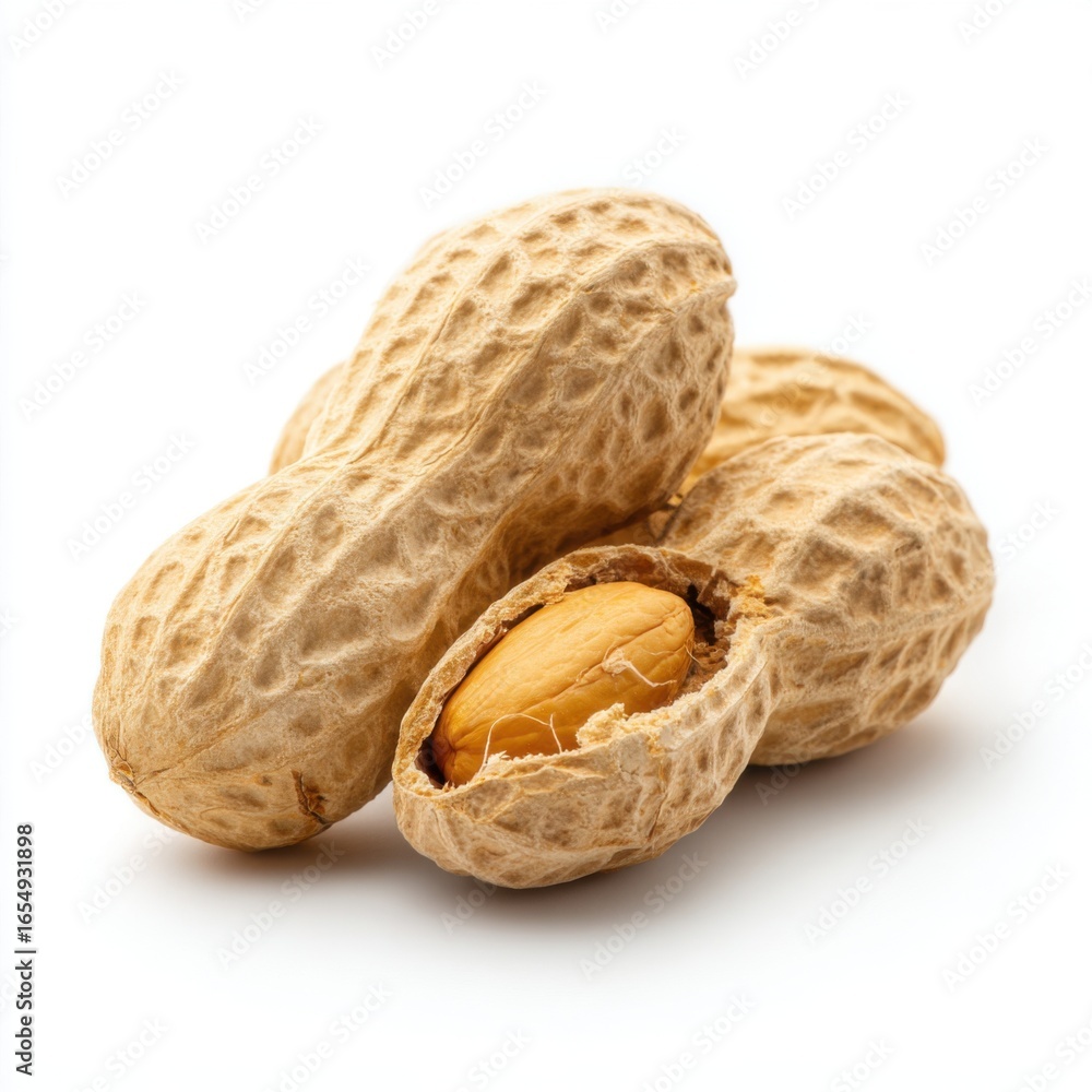 Poster close up studio shot of peanuts in shells with one shell open revealing nut on white background