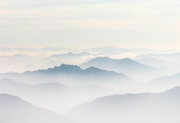 Fototapeta premium Misty mountains, pale ink washes, soft gradient sky, ethereal feel, airy, graphic