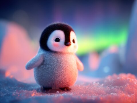 Baby penguin standing on snow close up view adorable cute animal wildlife antarctica cold weather winter season colorful background
