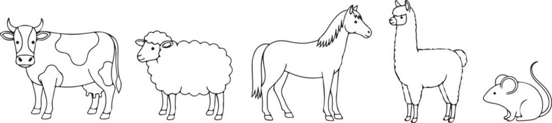 Farm Animals Line Art Including Cow Sheep Horse Llama and Mouse vector illustration