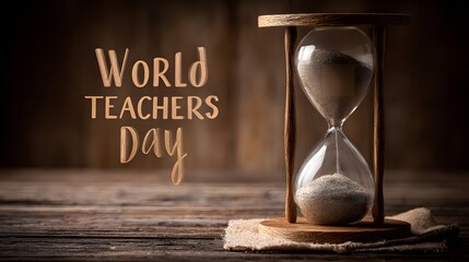 Hourglass with World Teachers Day text on rustic wooden background sand timer time image